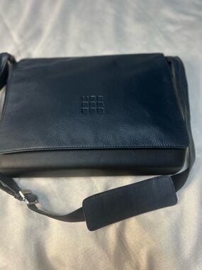 Moleskine Navy and Black Leather Messenger Bag with Embossed Logo